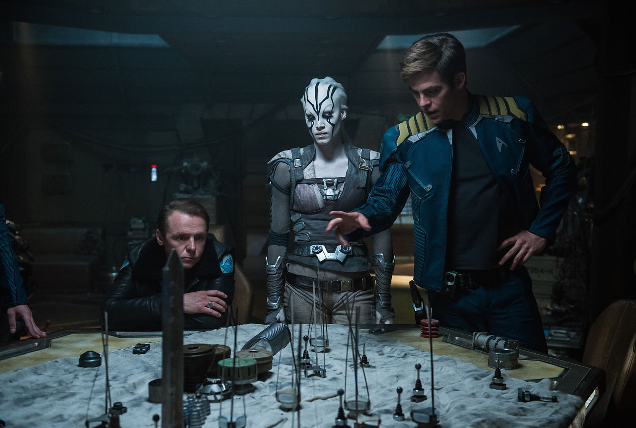 Left to right: Simon Pegg plays Scotty, Sofia Boutella plays Jaylah and Chris Pine plays Kirk in Star Trek Beyond from Paramount Pictures, Skydance, Bad Robot, Sneaky Shark and Perfect Storm Entertainment