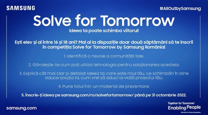 Elevii pasionați de sustenabilitate mai au la dispoziție doar două săptămâni pentru a se înscrie în competiția Solve For Tomorrow de la Samsung