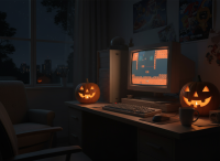 Firefly_Gemini Flash_I want a room with an old school PC, a desk, low dim lights, night time outside the w 202313